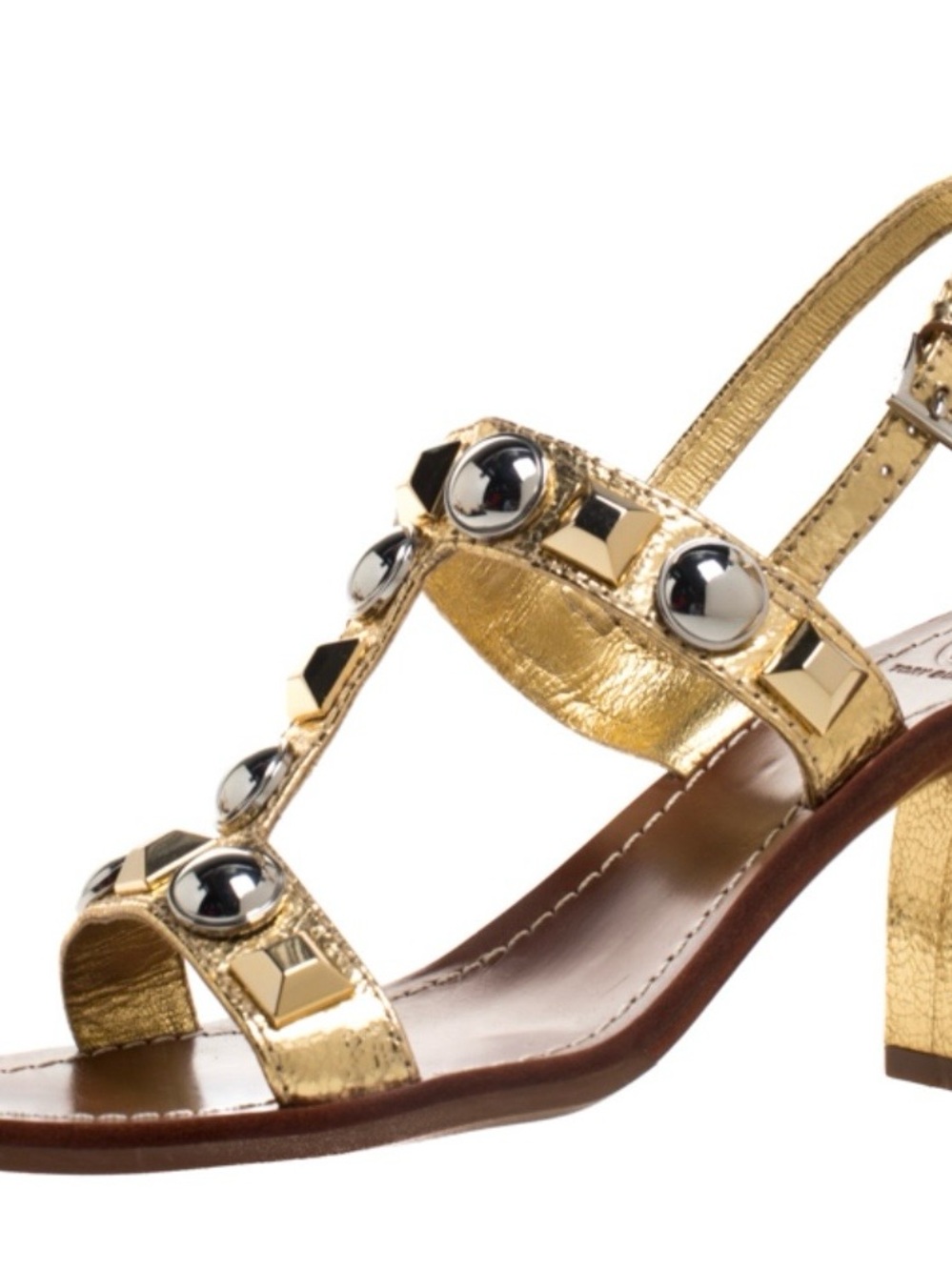 Tory Burch Natalia gold & silver studded T-strap block heel sandals Sz 6.5 - Picture 2 of 9